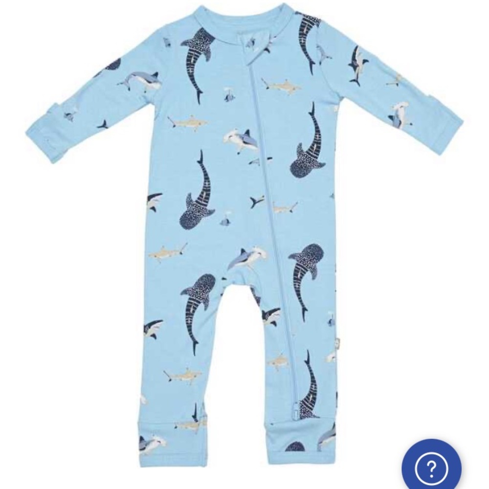 Kyte Baby Zippered Romper in Stream Shark Pattern, Size 6-12mos, Footless